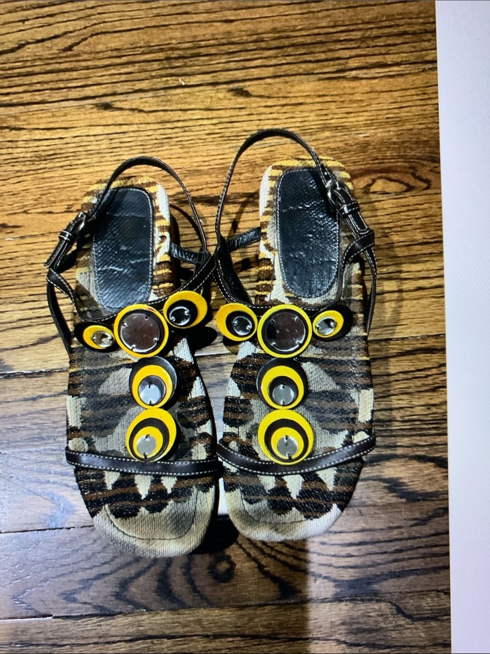 Mui Mui Vintage Women’s Brown Patterned Sandals with Yellow Accent